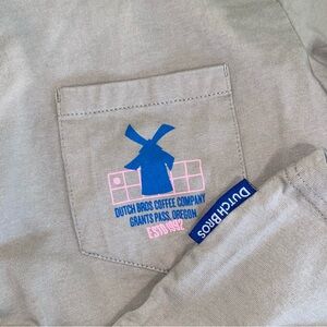 Gray Dutch Bros Long Sleeve T-Shirt with Blue Logo and Blue+Pink Designs